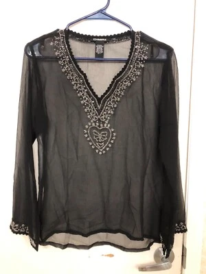 Blusa DIMRI Negra Transparente Cuello en V Bordada Manga Larga Talla S Foto 1 de 4