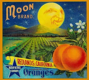 Redlands Moon Marke Kalifornien orange Zitrusfruchtkiste Etikettendruck - Bild 1 von 1