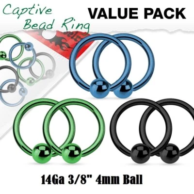 Paquete económico de 6 piezas 14G 3/8" anillo de cuentas cautivas anodizado cartílago oreja tabique labret  Foto 1 de 2