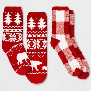 Kids' XS/S 2pk Fair Isle Cozy Crew Socks Wondershop Red/White Plaid Polar Bear - Picture 1 of 4