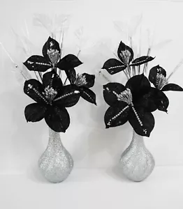 (SET OF 2) SILK BLACK S/GLITTER RIM FLOWERS, SILVER GLITTER BULB SHAPE VASES, - Picture 1 of 5