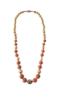 Gold tone metal and acrylic (faux) goldstone graduated beaded necklace - Picture 1 of 12
