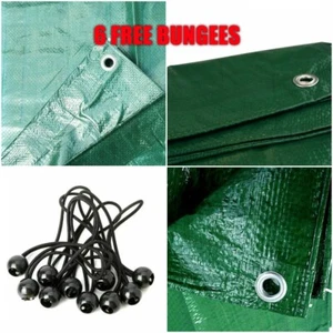 GREEN REINFORCED TARPAULIN MESH & EYELETS WATERPROOF COVER + 6 FREE BUNGEES - Picture 1 of 7