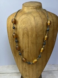Vintage Ethnic, Tribal Necklace, Oval Orange Resin Beads, Granulated Metal - Picture 1 of 5