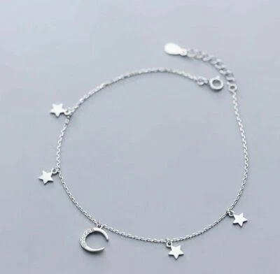 Anklet 0.10Ct Created Diamonds Star Moon Charm Chain 14K White Gold Finish 9" - Image 1 of 4