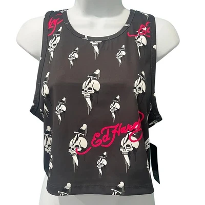 Ed Hardy Gray White Skull Knife Logo Cropped Tank Top size L NEW Tags Racerback - Image 1 of 4