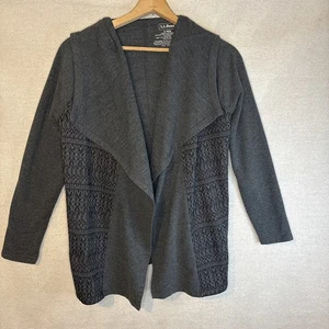 Cardigan donna LL Bean cascata aperto piccole tasche con cappuccio Fair Isle grigio accogliente - Foto 1 di 6