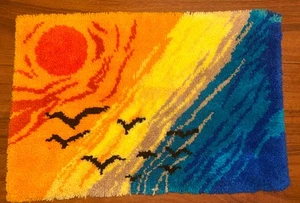 Vintage  Sunset Latch Hook Rug Wall Hanging Completed Landscape MCM 36 X 23 - Picture 1 of 10