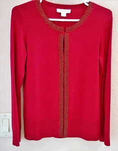 Coldwater Creek Deep Red Cardigan Sweater Beaded Edge Trim Size XS 4 NEW - Picture 1 of 5