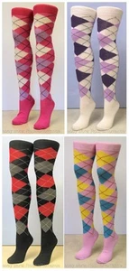 OTK Multicoloured Argyle Over the Knee Diamond Pub Golf Socks Sports Fancy Dress - Picture 1 of 5