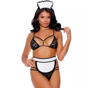 Maid Lingerie Costume Set Bra G-String Apron Head Piece Lace Sexy French 82417 - Picture 1 of 4