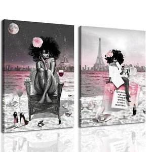 Framed Black Girl African American Wall Art Decor Women Pink And Grey Abstrac... - Picture 1 of 6