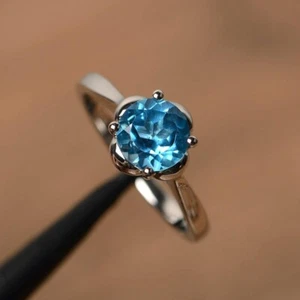 14K White Gold Plated 2Ct Round Lab-Created Blue Topaz Solitaire Engagement Ring - Picture 1 of 8