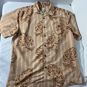 Vintage Hawaiian Shirt Trader Bay Large Orange Brown Ivory +Leaves Striped - Picture 1 of 5