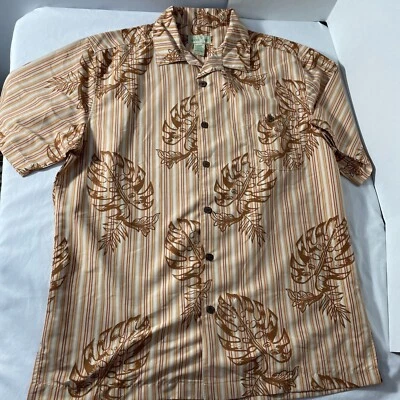 Vintage Hawaiian Shirt Trader Bay Large Orange Brown Ivory +Leaves Striped - Image 1 of 4
