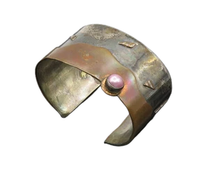 925 Sterling Silver Vintage Pink Pearl Modernist 2 Tone Cuff Bracelet BT7730 - Picture 1 of 5