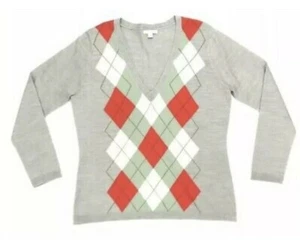 New York Company NYC Womens Size M Gray Argyle Sweater V-neck Pullover - Picture 1 of 8