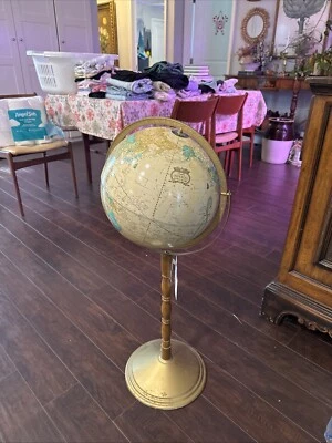 Globo terráqueo vintage Crams Imperial World, latón y madera independiente, giratorio completo 34"H Foto 1 de 4