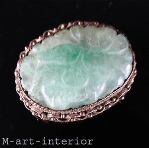 Alte Brosche, Brooch, Moss in Snow Natural Carved Jade, China Export 1920s 1930s - Picture 1 of 7