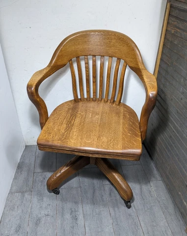 Antique Mission Oak Wood Banker Swivel Rolling Office Arm Chair Gunlocke Style Cover