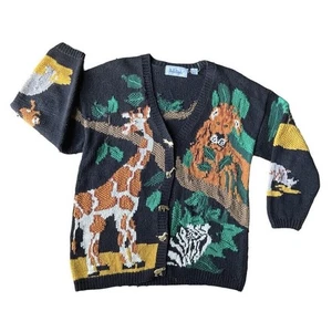 Belle Pointe Cardigan Sweater Womens XL Novelty Jungle Safari Knit VTG 90s RARE - Picture 1 of 12