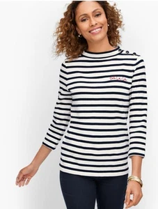 Talbots Mock Neck Button Shoulder Tee Women’s Med Navy Striped Nautical Preppy - Picture 1 of 7