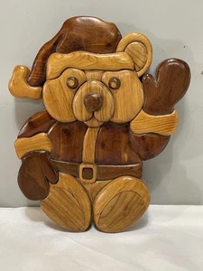 Intarsien Holz Weihnachtsmann Bär Deko hängend Wandbild - Bild 1 von 9