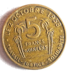 1959 GUINEA 5 FRANCS - RARE DATE Rare African Coin - Lot A15 - Picture 1 of 2