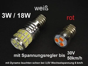 LED Birnen E10 mit Spannungsregler für Fahrraddynamo weiß rot Front-Rücklicht 3W - Bild 1 von 9