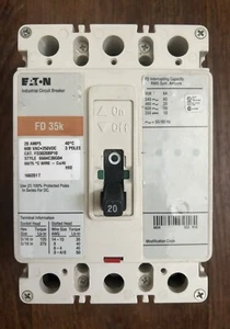 Eaton FD3020BP10 20Amp Breaker 3 Pole 600VAC FD 35K - Picture 1 of 4