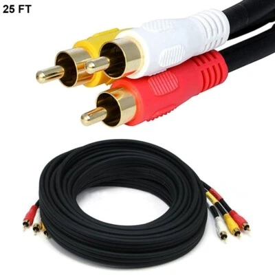 25FT 3 RCA Male to Male Composite Cable Video Stereo Audio AV TV DVD Gold Plated - Image 1 of 3