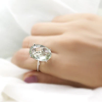 Argento Sterling 925 Quarzo Verde Naturale Forma Ovale Fine S Regalo Signific... - Immagine 1 di 4