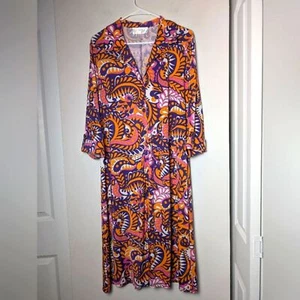 Nikki Poulos Dress Full Button midi Maxi Sz 1x Artsy Abstract 70s Boho Groovy - Picture 1 of 10