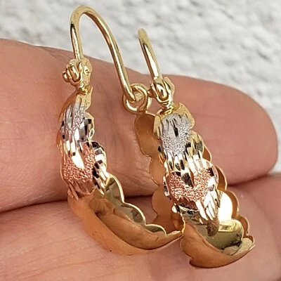 Solid 14k yellow gold Multi color wide hoop earrings 1 inch long hearts  - Image 1 of 4