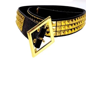Studded Belt Adult 34-38" Three Row Gold Pyramid Leather Punk Goth Emo Metal Y2K - Picture 1 of 6