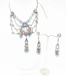 DESIGNER INSPIRED 16 in BLUE MULTI CRYSTAL SILVER VICTORIAN JEWELERY SET NEW - Picture 1 of 4