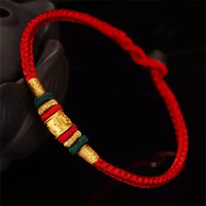 Pure 999 24K Yellow Gold 3D Wealth Six Words Bead Bracelet 0.1-0.2g Adjust - Picture 1 of 5