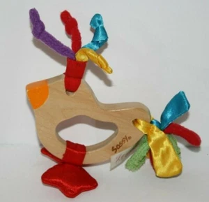 Sassy Teething Toy Duck 6" Knotted Ribbon Bird Dove Wood Ring Crinkle Sensory - Picture 1 of 7