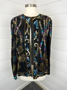 Vtg Laurence Kazar Stunning Beaded Silk Jacket Womens M Black Evening Lined - Picture 1 of 8