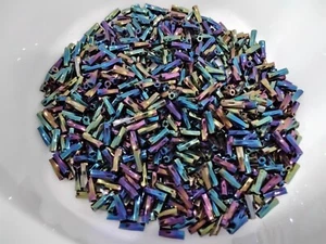 Glass Twisted Bugle Bead, Iris, Rainbow, 6x2mm, Hole 0.5mm, 25 grams. - Picture 1 of 3