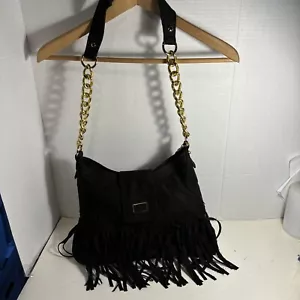 Cartera de hombro Big Buddha negra con flecos de cuero sintético cadena negra y dorada - Imagen 1 de 10