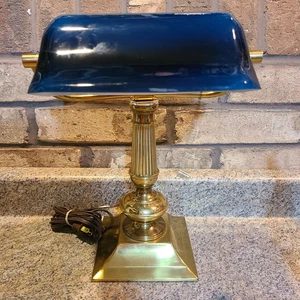 Alsy Vintage Blue Shade Brass Bankers Desk Lamp Heavy Base 14" Rare Color - Picture 1 of 20