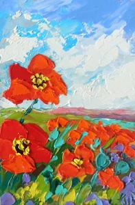 Original Ölgemälde rote Mohnblume Impasto Gemälde auf Platte 6x4 Zoll - Bild 1 von 24