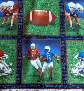 Blank Quilting Cotton Fabric Football Player TOUCHDOWN Squares Panel 24" x 44" - Picture 1 of 10