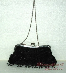 Vintage signierte BIJOUX TERNER SCHWARZ satinierte Glasperlen Fransen Abendhandtasche - Bild 1 von 1