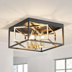 Square Black Ceiling Light Flush Mount Ceiling Light w/ Gold Metal Inside Frame - Picture 1 of 11