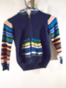 Childs size 5 Zip up hooded knit sweater navy Blue with multi color stripes. Gap - Picture 1 of 5