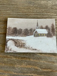 Vintage kleine Skizze Gemälde Kirche in verschneiten Wäldern & Brücke - Bild 1 von 3