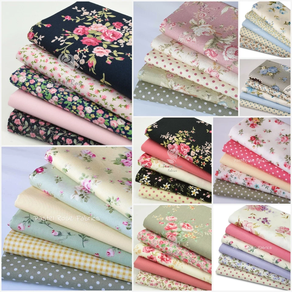 Vintage Roses Fat Quarter Bundles 100% Cotton Fabric - Black Navy Pink Blue