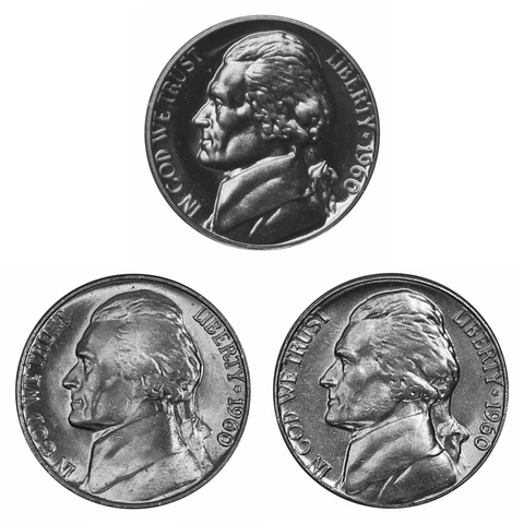1960 P D P Jefferson Nickel 5c Year set Proof & BU US 3 Coin lot Cover